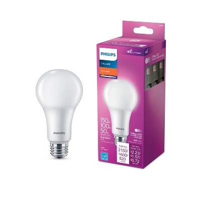 Philips LED Three Way 50-100-150W Soft White A21 1P: 3-Way 150W Equivalent, Adjustable Temperature, E26 Base, 13.7-Year Life