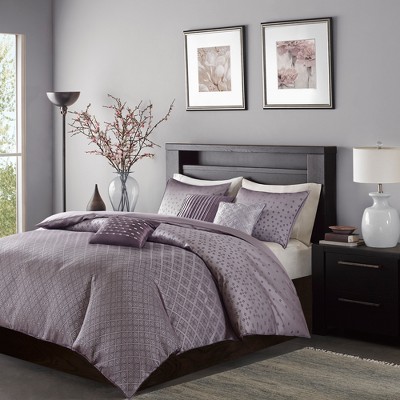 Gray/Purple Jasmine Watercolor Floral Duvet Cover Set Queen 6pc