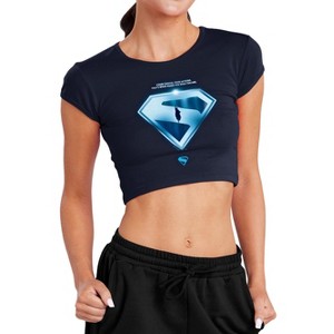 Women's Superman 2025 Your Choices Shield Cap Sleeve Baby Rib Crop Top - 1 of 4