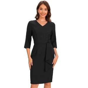 Allegra K Women's Half Sleeve Waistband Work Midi Work Office Casual Dress - 1 of 4