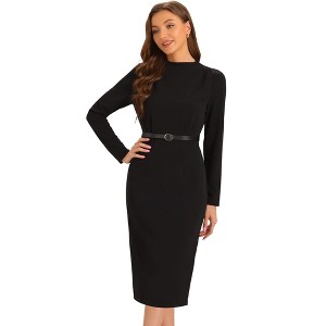 INSPIRE CHIC Women's Stand Collar Tie Belted Waist Split Hem Work Sheath Dress - 1 of 4