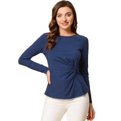 Allegra K Women's Comfort Round Neck Twist Front Long Sleeve Blouse Basic Top