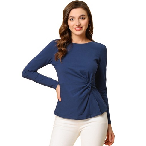 Allegra K Women's Comfort Round Neck Twist Front Long Sleeve Blouse Basic  Top Navy Blue X-Large