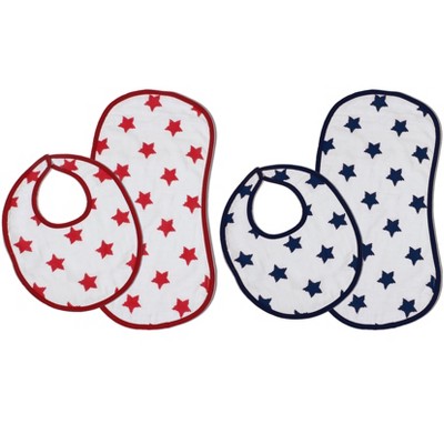 Bacati - Stars Navy/Red Ikat Muslin 4 pc set of Bibs & Burp Cloths Set