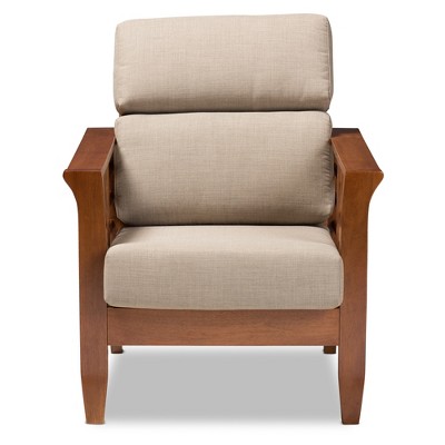 Beige Barrel Accent Chair with Cherry Wood Frame