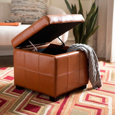 Saddle Brown Leather Tufted Storage Ottoman with Birch Wood