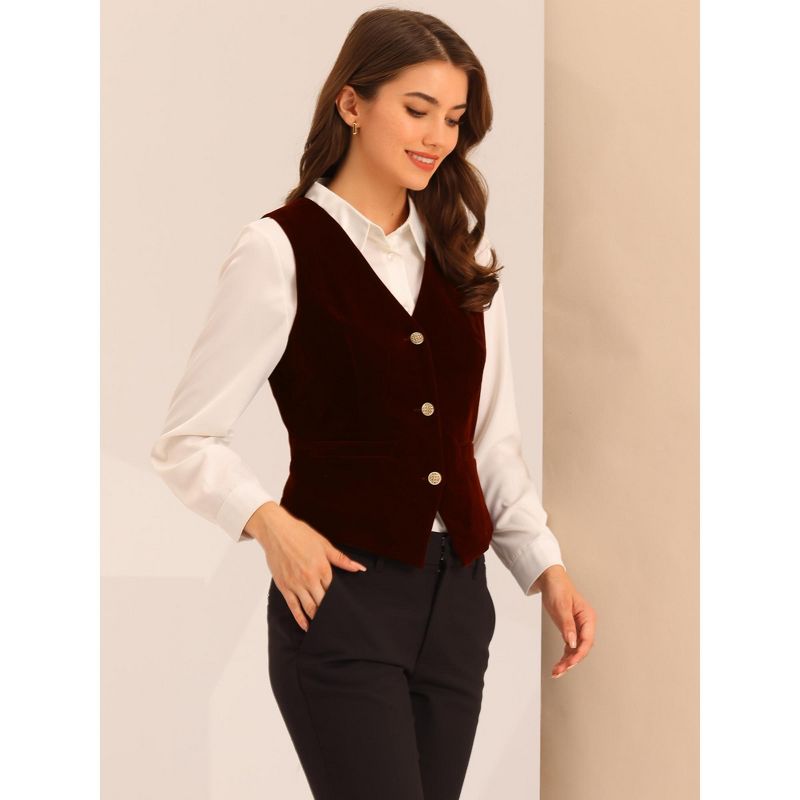 Allegra K Women's Steampunk Velvet Sleeveless Button Down V-Neck Suit Vest, 3 of 6