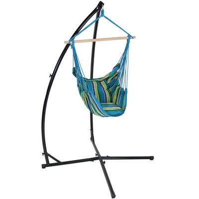 Sunnydaze Double Cushion Hanging Rope Hammock Chair Swing with C-Stand for Backyard and Patio - 265 lb Weight Capacity - Ocean Breeze