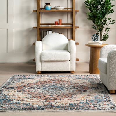 Rust and Blue Medallion Synthetic Area Rug, 6' 7" x 9'