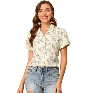 Allegra K Women's Notched Lapel Collared Button Short Sleeve Floral Shirt - 1 of 4