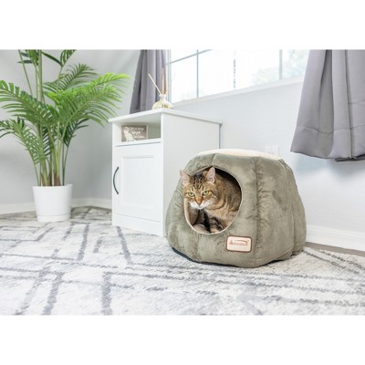 Small Laurel Green and Beige Faux Suede Cat Cave Bed