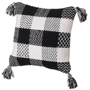 DEERLUX 16" Handwoven Cotton Throw Pillow Cover with Patterned Gingham Design and Tasseled Corners , Black & White - 1 of 4