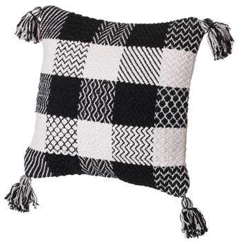 DEERLUX 16" Handwoven Cotton Throw Pillow Cover with Patterned Gingham Design and Tasseled Corners , Black & White