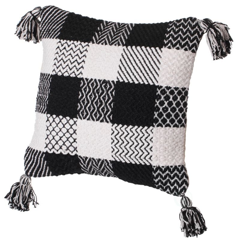 DEERLUX 16" Handwoven Cotton Throw Pillow Cover with Patterned Gingham Design and Tasseled Corners , Black & White, 1 of 10