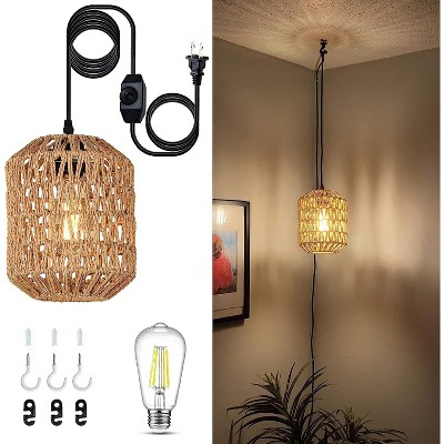 DOMETOUR Plug in Rattan Pendant Light with LED Bulb, 16ft Dimmable Cord, Boho Wicker Hanging Lamp for Bedroom Hallway Foyer