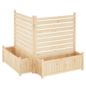 Double-sided outdoor privacy screen with flower pots, wooden fence cover, ideal for patios and gardens, perfectly conceals air conditioner units. - 1 of 4