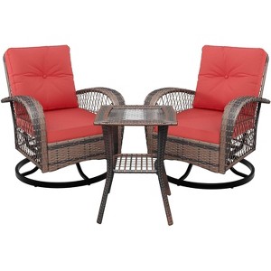 3-Piece Swivel Rocking Patio Chairs Set with 2 360-Degree Swivel Rocking Chairs and Tempered Glass Top Side Tabl, Outdoor Wicker Patio - 1 of 4