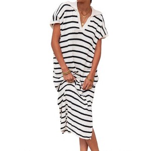Womens Striped Summer Dresses Short Sleeve V Neck Knit Collared Sexy Slit Loose Maxi Sweater Dress - 1 of 4