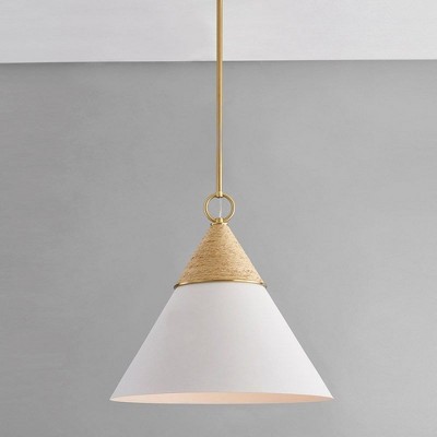 Aged Brass and White Cone Pendant Light with Rattan Accent