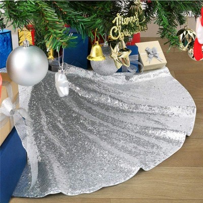 Wikineon Christmas Tree Skirt Silver Xmas Tree Ornaments Sequin Fabric Tree Floor Carpets 48inch Tree Skirting Dress for Festival Holiday Party