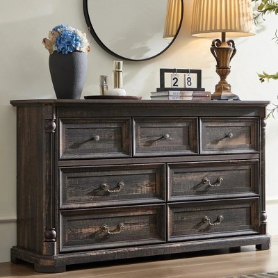 Brafabhome Vintage Solid Wood Dresser with 7 Drawers for Bedroom, Modern Chest of Drawers Double Dresser for Living Room, Closet, Hallway | Dark Brown