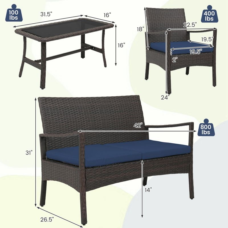 Costway 8PCS Patio Rattan Wicker Furniture Set Cushioned Sofa Armrest Coffee Table Navy, 3 of 8