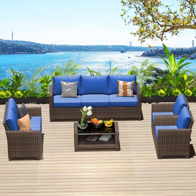 Outdoor Patio Furniture Sofa Sets,7 Piece Rattan Furniture Sectional Couch Set with Glass Coffee Table for Backyard Garden