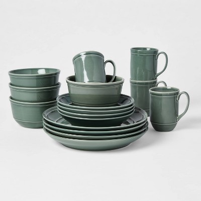 ProCook Coastal Stoneware Dinner Set 12 Piece with Cereal Bowls Dishwasher Safe Dinnerware with Beautiful Reactive Glaze for 4 Table Settings Green Microwave and Oven Safe