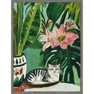Amanti Art Tropical Muse With Cat by Mowzu  Framed Canvas Wall Art - 1 of 4