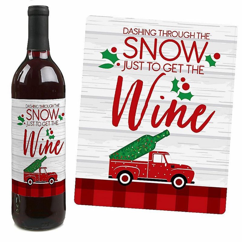 Big Dot of Happiness Merry Little Christmas Tree - Red Truck and Car Christmas Party Decor for Women and Men - Wine Bottle Label Stickers - Set of 4, 3 of 9