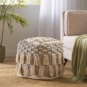 Hawley Handcrafted Boho Fabric Cube Pouf with Tassels Ivory - Christopher Knight Home: Footstool, Indoor Use, No Assembly Required - 1 of 4