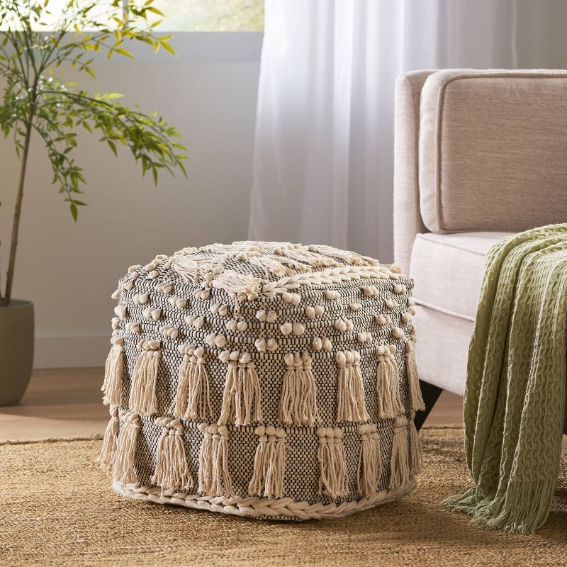Hawley Handcrafted Boho Fabric Cube Pouf with Tassels Ivory - Christopher Knight Home, 3 of 12