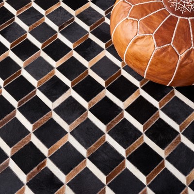 Handmade Black Geometric Wool and Cowhide Rug, 4' x 6'