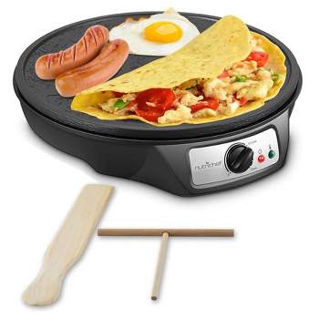 NutriChef 12 Inch Electric Nonstick Griddle Pancake Crepe Injera Blitnz Maker Hot Plate Cooktop with Crepe Turner and Pastry Spreader Tools, Black