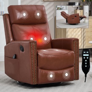 Red Genuine Leather Heat Massage Manual Recliner Chair with Rocker and Swivel for Living Room - 1 of 4
