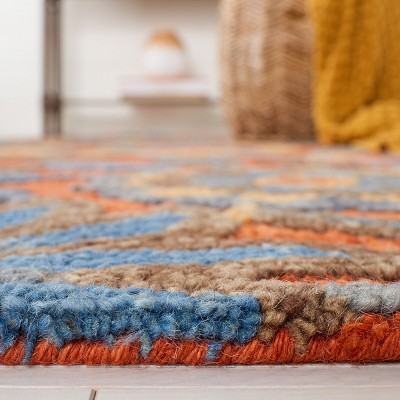Rust and Blue Floral Wool Handmade Area Rug