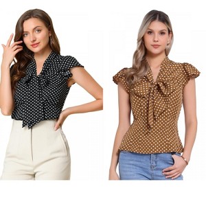 INSPIRE CHIC Women's Polka Dots Tie V Neck Flutter Cap Sleeve Blouse 2 Packs - 1 of 4