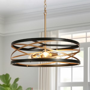 LNC Cartlann 3-Lights 22" Modern Drum Medium Chandelier, Matte Black and Gold - 1 of 4