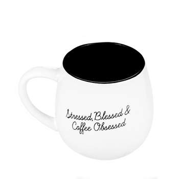 Amici Home Stressed, Blessed, & Coffee Obsessed Ceramic Round Coffee Mug, Latte, Tea, and Hot Chocolate Cups, Black Letters on White,20-Ounce