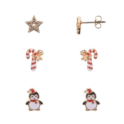 FAO Schwarz Candy Cane, Penguin and Star Trio Earring Set