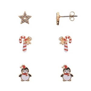 FAO Schwarz Candy Cane, Penguin and Star Trio Earring Set - 1 of 2
