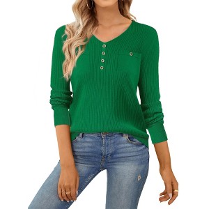 INSPIRE CHIC Women's Long Sleeve V Neck Button Decor Elegant Ribbed Knit Tops - 1 of 4
