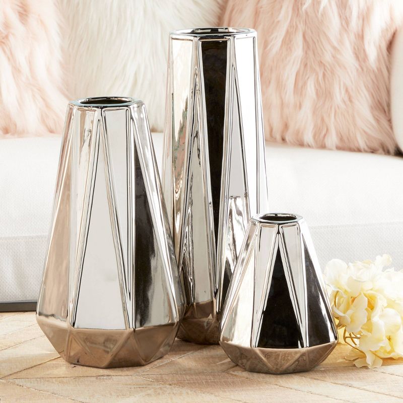 Set of 3 Glam Style Geometric Metallic Electroplated Vases Silver - CosmoLiving by Cosmopolitan, 6 of 18