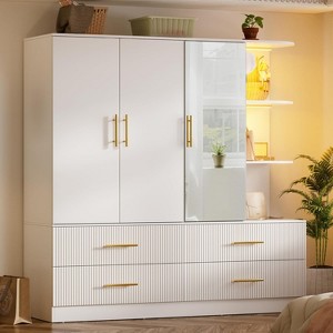 PAKASEPT 63" W Armoire Wardrobe Closet, 71" H Armoire Closet with 3 Door, LED Lights, Hanging Rod and 4 Drawers, Freestanding Wooden Wardrobe Closets - 1 of 4
