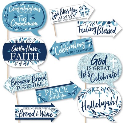 Big Dot of Happiness Funny First Communion Blue Elegant Cross - Boy Religious Party Photo Booth Props Kit - 10 Piece