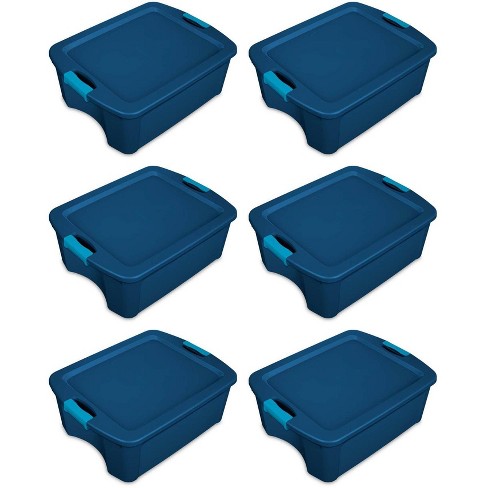 Sterilite 18 Gal Latch and Carry, Stackable Storage Bin with Latching Lid,  Plastic Tote Container to Organize Closets, Blue with Blue Lid, 6-Pack