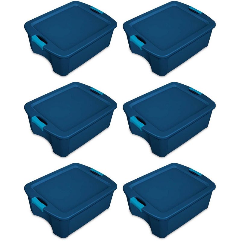 Sterilite 12 Gallon Latch and Carry, Stackable Storage Bin with Latching Lid, Plastic Tote Container to Organize Closets, Blue with Blue Lid, 6-Pack, 1 of 4