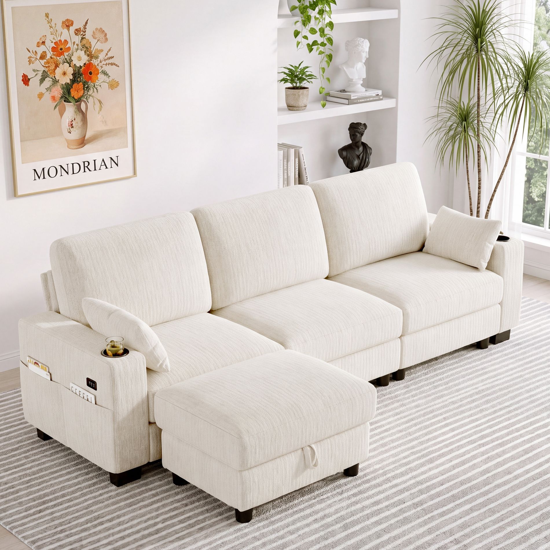 Dyonery 100" Modular Sofa with Seats Storage, Comfy L Shaped Chenille Fabric Couch for Living Room, Office, Apart W/Deep Seat, USB Charging,Beige.