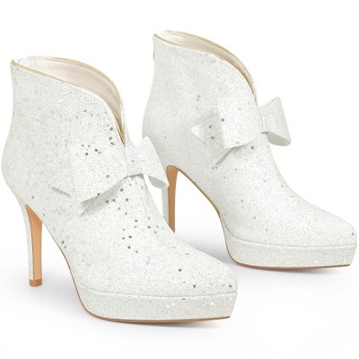 BLISSFUL STEP Women's Glitter Bow Stiletto Heel with Platform Ankle Boots