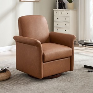 PAGED Swivel Accent Chair Modern Barrel Armchair with Wood Base and Vintage Fax Leather Upholstery for Bedroom, Living Room - 1 of 4